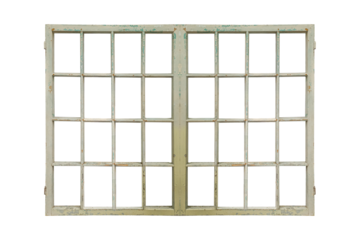 Old multi-pane wooden window frame with peeling light paint is isolated.