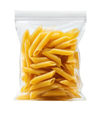Penne pasta in clear plastic bag, angled view, against black