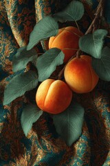 Chiaroscuro Still Life - Three Luminous Apricots on a Rich Paisley Brocade.
