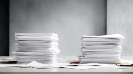 Two tall stacks of white paper on a light table, scattered papers around the base.  Gray background