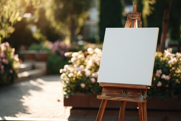 Blank White Canvas on Wooden Easel in Sunny Garden, Blurred Flowers, Creative Potential.