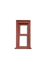 Narrow red painted wooden window frame with two openings and sill is isolated.