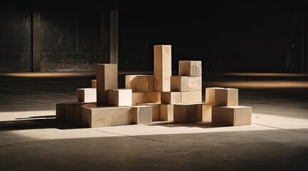 Obraz premium Light-filled, dimly lit industrial space. Wooden blocks arranged in a city-like structure