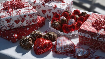 A table displays Valentine's Day treats wrapped gifts, heart-shaped chocolates, and truffles
