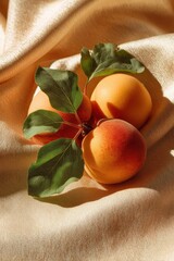 Sun-Kissed Apricots with Lush Green Leaves on Textured Silk Fabric.
