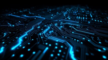 A close-up view of a futuristic computer circuit board with glowing blue electronic pathways.