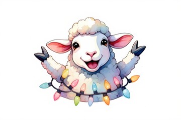 Fototapeta premium A Cheerful Cartoon Sheep Joyfully Enjoying Holiday Lights with a Playful Expression, Surrounded by Brightly Colored Christmas Decorations