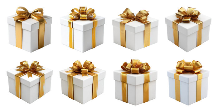 PNG Elegant golden ribboned gift boxes, element set on transparent background