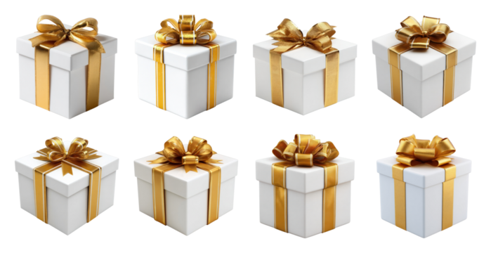 PNG Elegant golden ribboned gift boxes, element set on transparent background