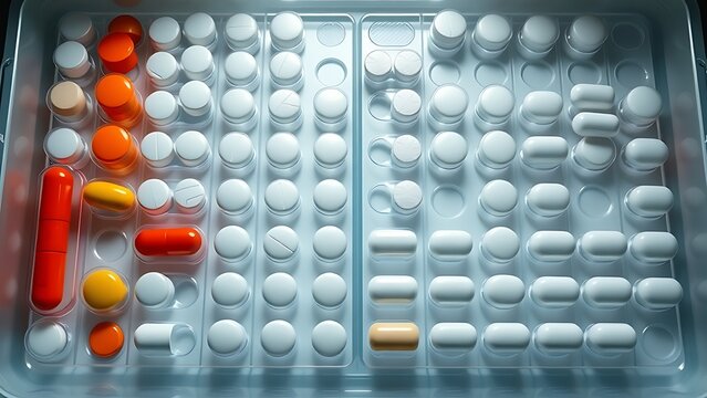 dimer. Pill organizer with tablets in sequence, clinical top view, geometric arrangement. STEM education sheets, lab safety posters, designed for biotech research communications.
