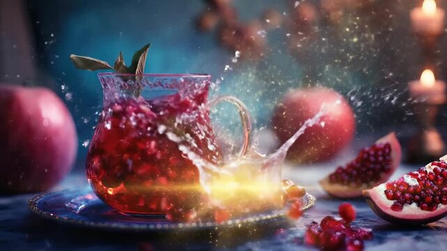 Sweet pomegranate beverage, ruby seeds splashing into a glass pitcher, gleaming amidst warm candlelight. A dark evening celebrates the long winter night, ancient festive ritual.