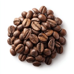 Roasted coffee beans clustered atop white background