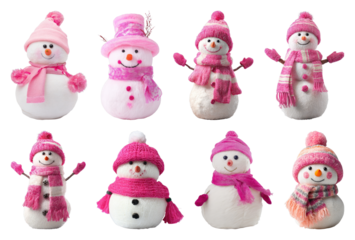 PNG Adorable pink winter snowmen lineup, element set on transparent background