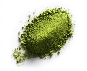 A heap of vibrant green matcha powder, scattered slightly, on a white background