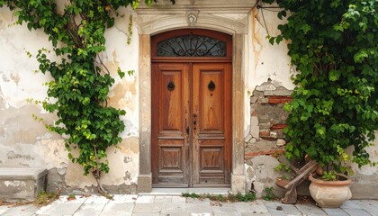 Rustic Charm - An Old Wooden Door with Ivy.