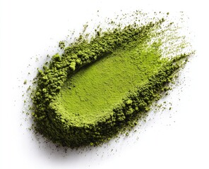 Green matcha powder, scattered in an oval shape on white background
