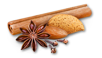 Cinnamon sticks, star anise, almonds and cloves with transparent shadow isolated on transparent background  PNG cut out
