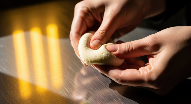 Hands Molding Cheese Dough Under Soft Lighting for Culinary Blogs, Cooking Websites, Artisan Cheese Makers, Food Education, and Cooking Class Promotions
