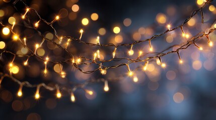 Close-up of glowing golden string lights against a blurred, dark backdrop with bokeh effect