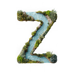 Letter z river nature lush green plant water flowing alphabet creative design