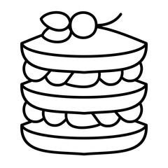 Pastry with cream and cherry thin line icon, desert sweets concept. Vector graphics. Baked pancakes sign on white background, style icon mobile or web design.