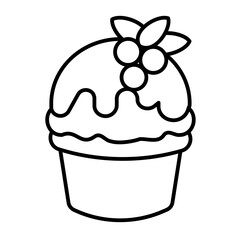Ice cream with chocolate glaze and berries thin line icon, desert sweets concept. Vector graphics. Icecream in waffle cup sign on white background, style icon mobile or web design.