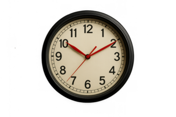 Wall clock object showing current time, minutes, hours, analog face, transparent background, time management, deadline