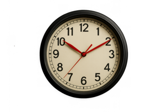 Wall clock object showing current time, minutes, hours, analog face, transparent background, time management, deadline