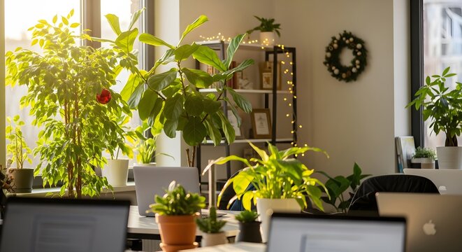 A sunlit workspace filled with thriving indoor plants creates a calm and productive environment for work. - Powered by Adobe