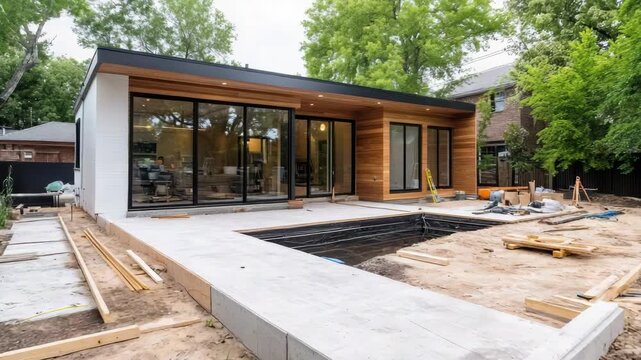 Modern single story house with large glass doors overlooking unfinished backyard patio and pool