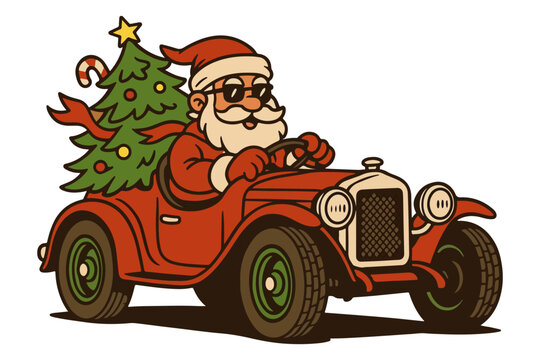 Funny cartoon Christmas vector illustration of Santa Claus driving a red toy car, truck, or auto vehicle for fun transportation and travel