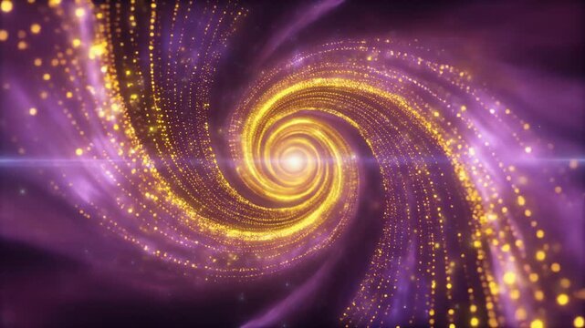 Swirling Golden Particle Vortex with Purple Nebula and Lens Flare abstract spiral
