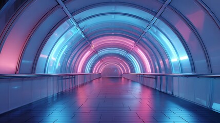 A futuristic tunnel illuminated with vibrant blue and pink neon lights, creating a captivating and modern architectural passage.