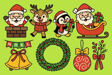 Cute Christmas cartoon vector icon set, featuring Santa Claus, snowman, reindeer, tree, and holiday celebration decorations