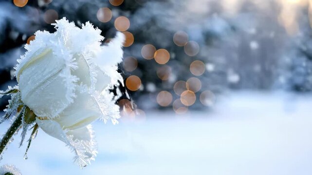 Beautiful white rose covered with frost on a cold winter day. Delicate frozen flower nature background with bokeh lights.