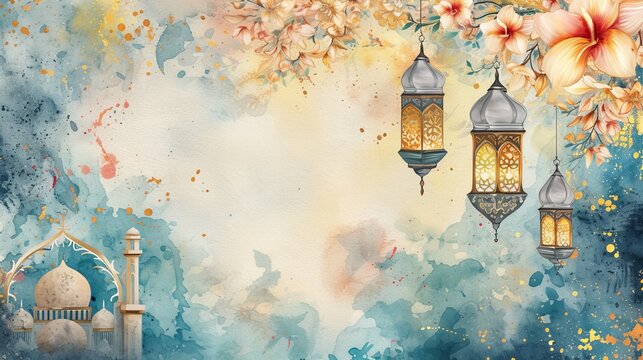 Islamic holiday background with watercolor mosque and hanging lanterns. Ramadan Kareem or Eid Mubarak greeting card design with floral elements and copy space