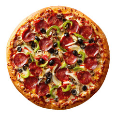 Pepperoni pizza with toppings on a golden crust, overhead view
