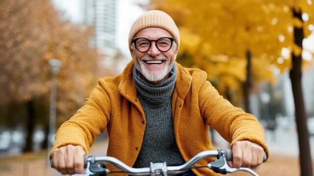 Senior man smiling on bicycle in autumn park wearing warm coat and beanie, joyful ride