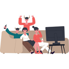 Four People Sit On A Couch Watching Television With One Person Wearing Bull Horns And Another Holding A Drink With Friends Cheering And Another Looking Concerned In A Casual Living Room Setting