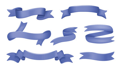 Blue banner ribbons 3d elements set in realistic render design. Collection of glossy curved and folded scrolls, blank shiny flags and tags, elegant borders and promotion frames. Vector illustration.