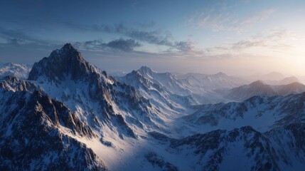 Majestic, snow-covered mountain range at dawn. Light bathes peaks & valleys, with a pastel sky and scattered clouds