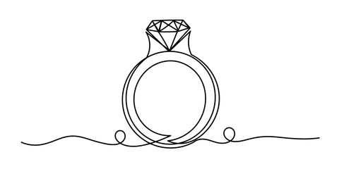 Diamond engagement ring .continuous line drawing of diamond wedding ring on a white background. Wedding gold Ring illustration. single-line proposal engagement and love marriage invitation concept.