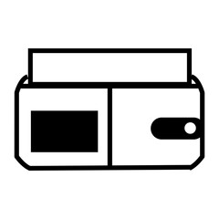 A black outline illustration of a wallet with a flap and a button closure, showing a card slot inside, symbolizing payment, finance, or personal money storage.