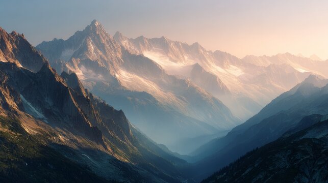 Majestic mountain range at dawn. Peaks rise above valleys filled with mist, bathed in warm light. Serene, natural scene