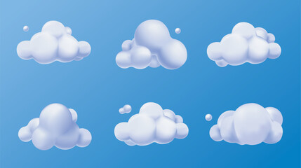 Clouds 3d elements set in realistic render design. Collection of abstract glossy fluffy cumulus shapes in blue sky, soft rounded cartoon cloudscape, floating cloudy balloons. Vector illustration.