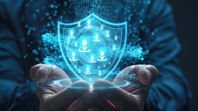 Hands holding a glowing blue shield with people symbols, securing digital data and private information. A concept for global network protection, trust, and future safety.