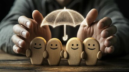 Strong hands offering ultimate security for a joyful gathering. A vibrant glowing umbrella shelters cheerful wooden figures. Life assurance and future well being conveyed.