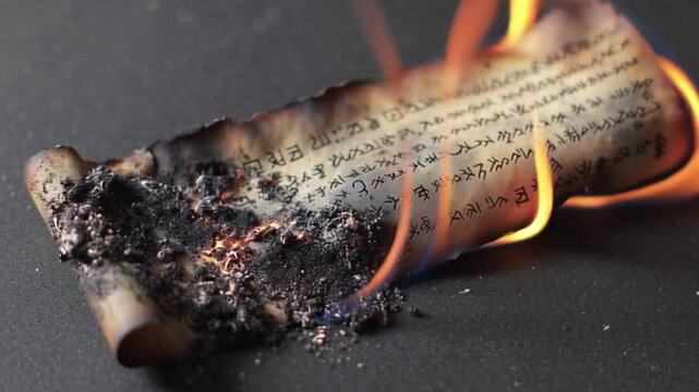 Ancient burned manuscript scroll with glowing flames consuming fragile paper edges, historical text destruction concept showing fire damage, symbolism of lost knowledge, decay, fragility, forgotten li