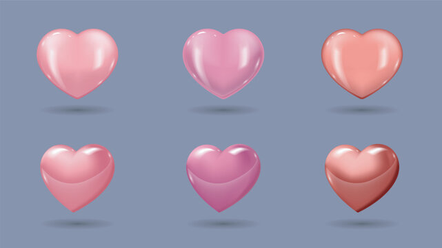 Pink and red hearts 3d elements set in realistic render design. Collection of glossy romantic symbols, floating amorous shapes for Valentines day, love, wedding celebration. Vector illustration.