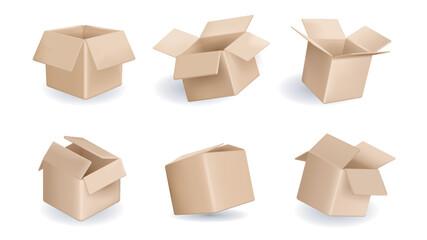 Brown packing box 3d elements set in realistic render design. Collection of open and closed cardboard parcels, empty delivery paper packages, storage container in different view. Vector illustration.